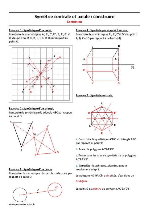 Symétrie centrale et axiale - 5ème - Exercices corrigés ...