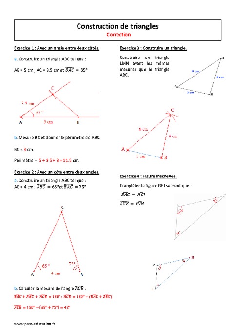 Triangles - 5ème - Exercices à imprimer - Pass Education