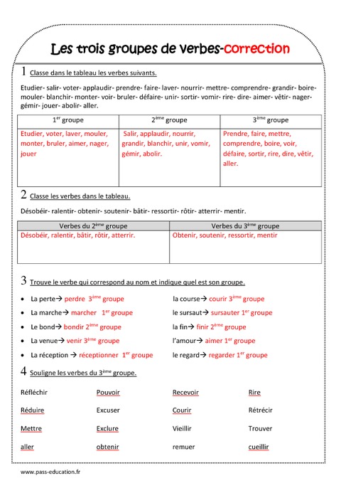 Trois groupes de verbes Ce2 Exercices corrigés Pass Education