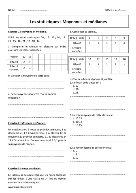 Moyennes et médianes - 3ème - Exercices sur les ...