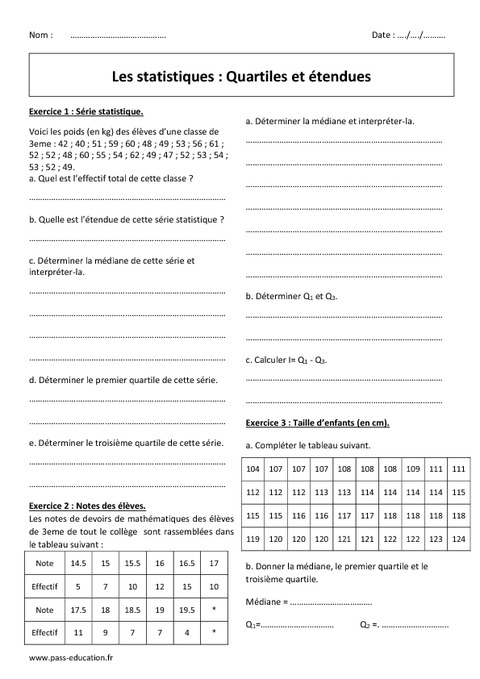 Quartiles et étendues - 3ème - Exercices corrigés sur les ...