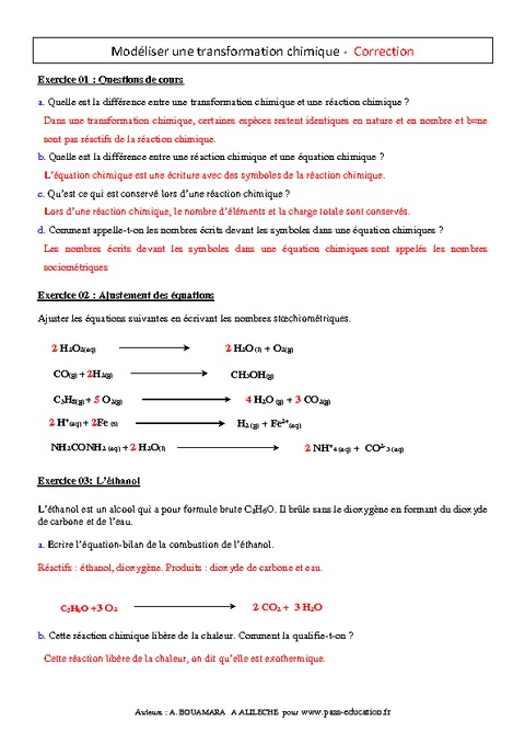 Modéliser Une Transformation Chimique - 2nde - Exercices Corrigés ...