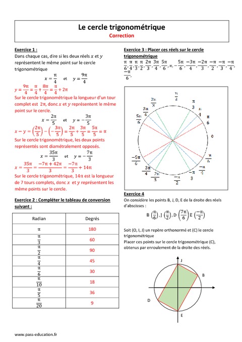 Radian - Cercle Trigonométrique - 2nde - Exercices à Imprimer - Pass ...