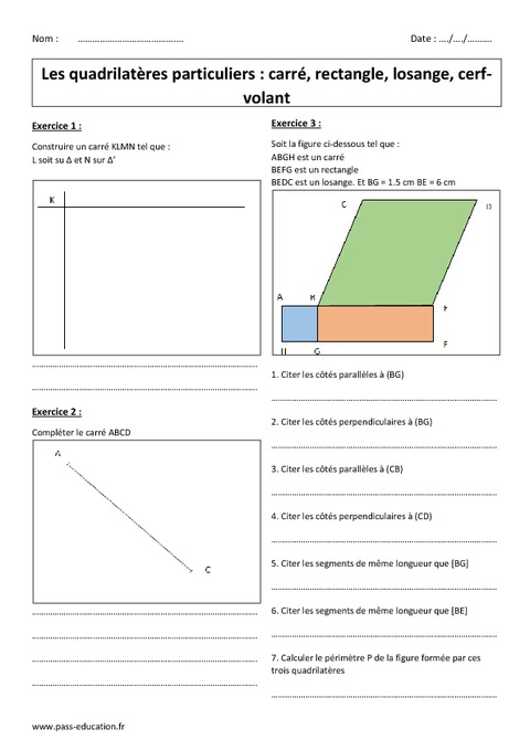 Quadrilatères Particuliers - 6ème - Exercices Corrigés - Carrés ...