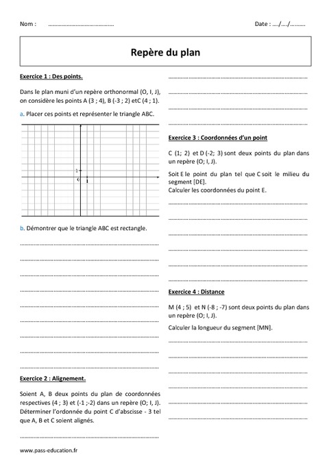 Repère Du Plan - 2nde - Exercices à Imprimer - Pass Education