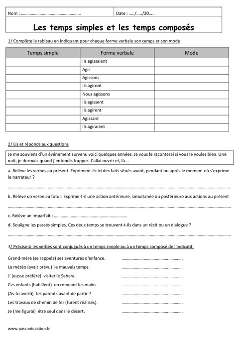 Temps composés - Temps simples - 3ème - Exercices de ...
