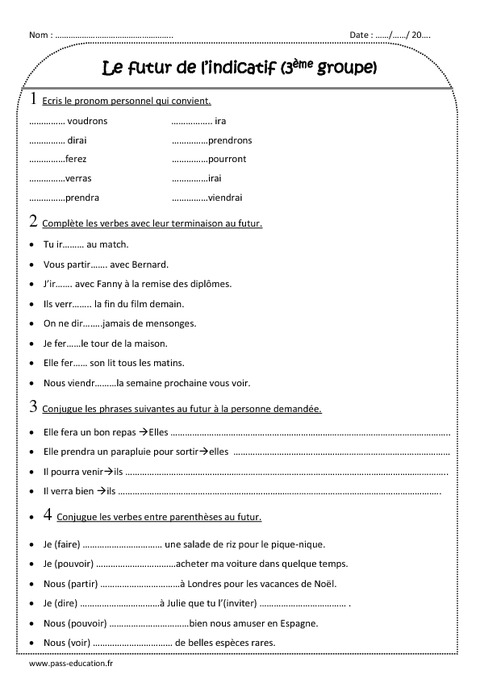 Verbes du 3ème groupe au futur de l indicatif Ce2 Exercices Pass