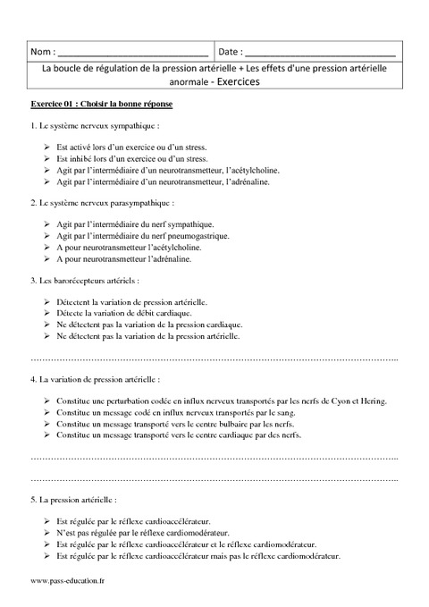 Boucle De Régulation De La Pression Artérielle - 2nde - Exercices ...