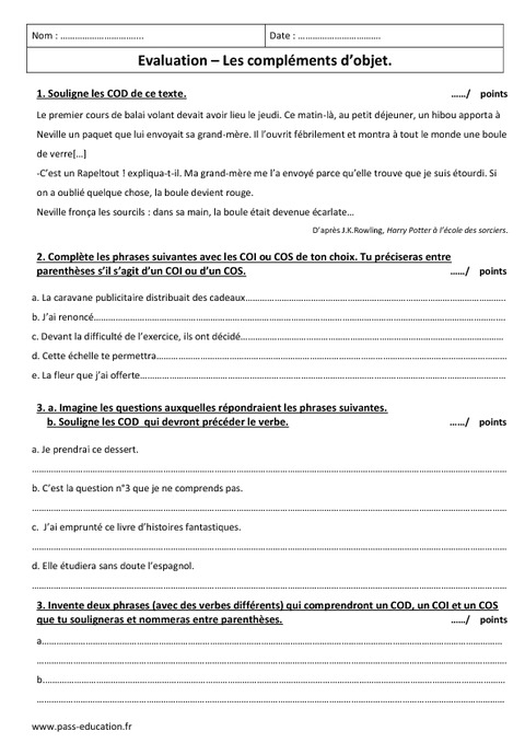 Compléments d'objet - 6ème - Evaluation - COD - COI - COS - Pass Education