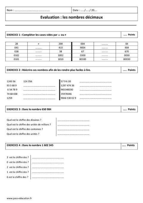 Connaitre Et crire Les Nombres D cimaux 6 me Evaluation Pass 