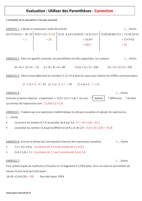 Traduire Par Une Expression Les Phrases Suivantes Utiliser des parenthèses - 6ème - Evaluation - Pass Education