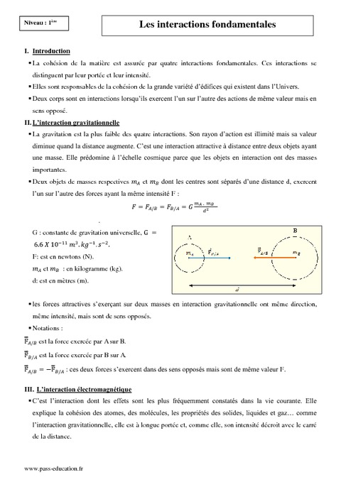 Interactions Fondamentales - Première S - Cours - Pass Education