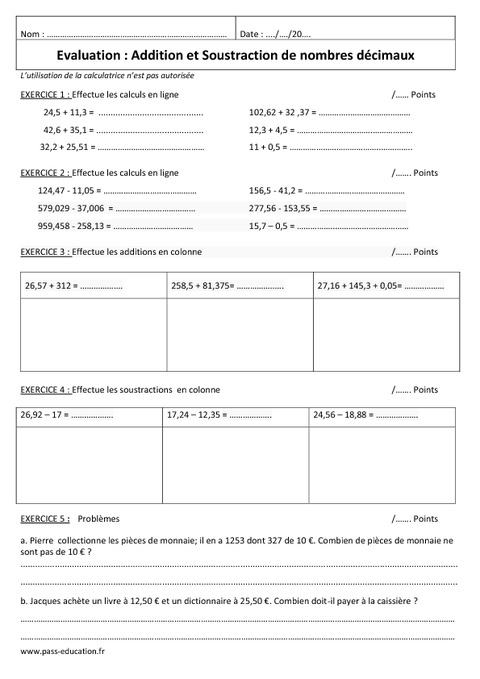 Soustraction Et Addition De D Cimaux Me Contr Le Corrig Pass