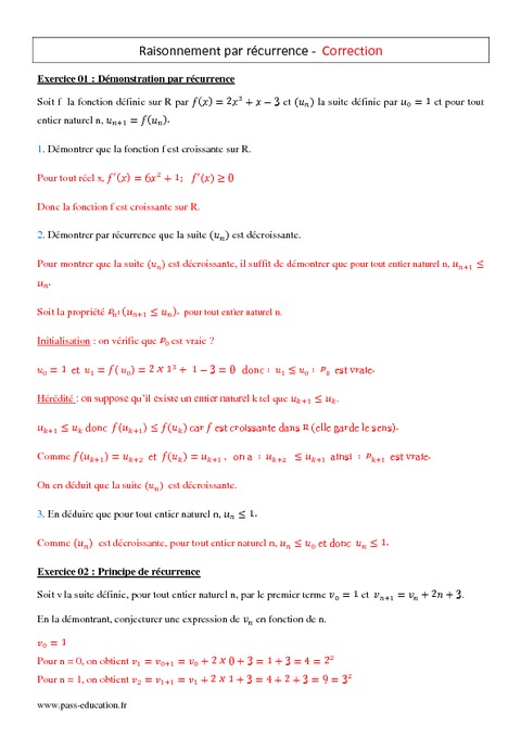 Raisonnement Par Récurrence - Terminale S - Exercices Corrigés - Pass ...