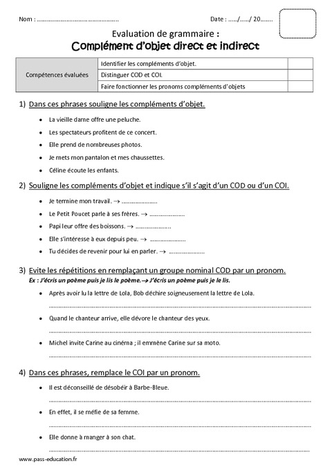 Complément d’objet direct et indirect – Cm1 – Bilan – COD – COI – Pass ...