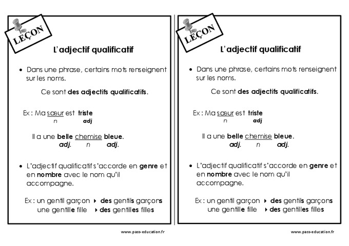 Adjectif qualificatif - Ce1 - Leçon - Pass Education