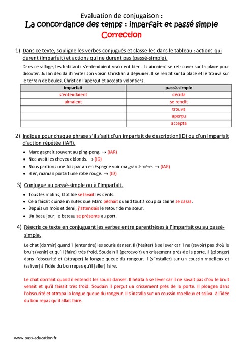 Concordance Imparfait Passé Simple - Cm2 - Bilan - Pass Education