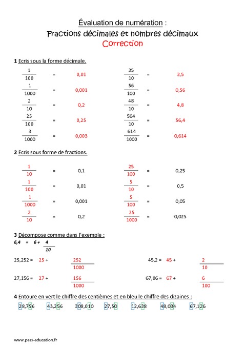 Fractions décimales - Nombres décimaux - Cm1 - Bilan - Pass Education
