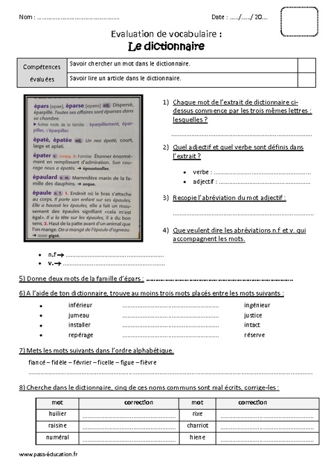 Dictionnaire - Cm2 - Bilan à Imprimer - Pass Education