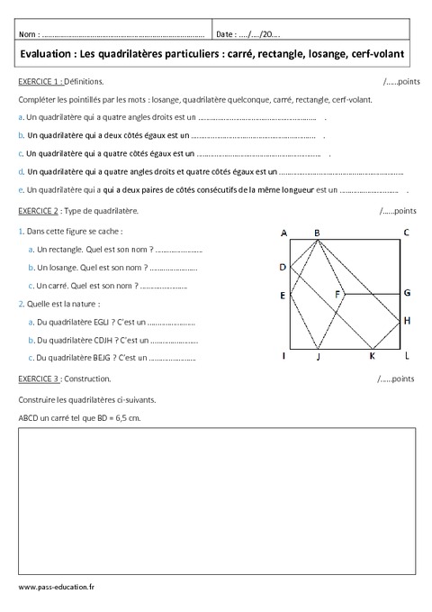 Carré, Rectangle, Losange, Cerf Volant - 6ème - Evaluation Sur Les ...