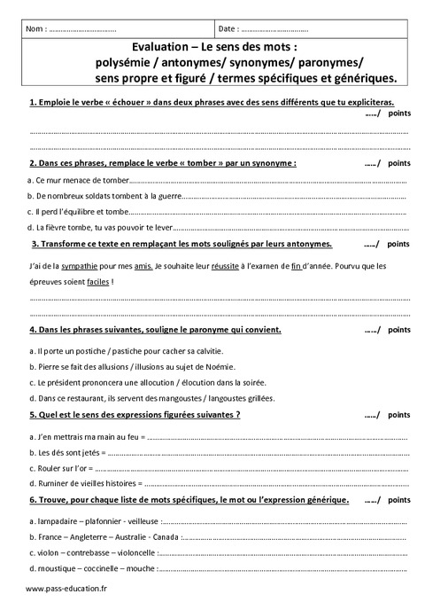 Polysémie, antonymes, synonymes, paronymes... - 5ème ...