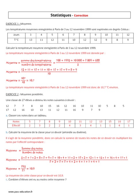 Moyenne - Moyenne Pondérée - 4ème - Evaluation - Pass Education