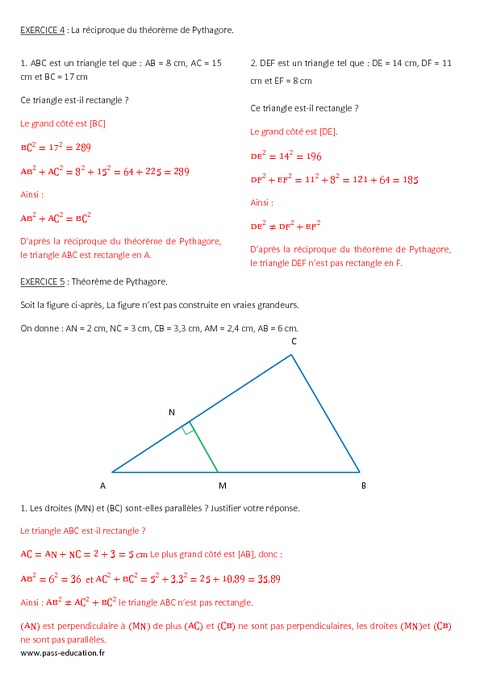 Triangle rectangle - 4ème - Evaluation - Théorème de ...