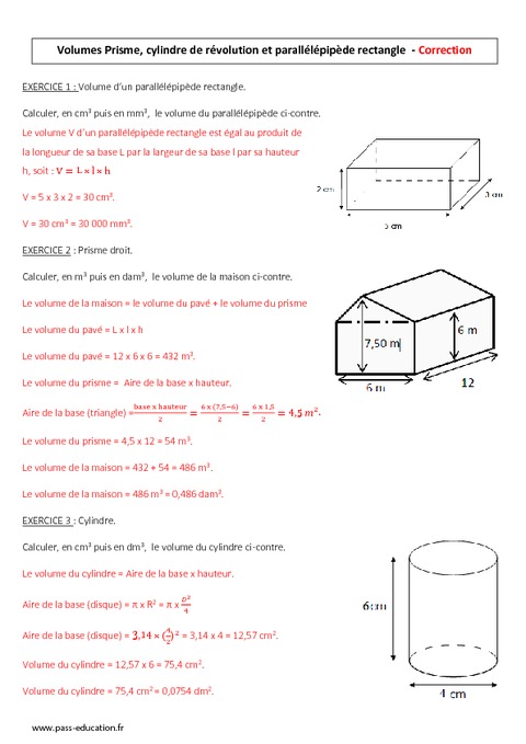 Exercice calcul cylindre et volumes Volumes - 5ème - Contrôle - Prisme, cylindre de révolution et