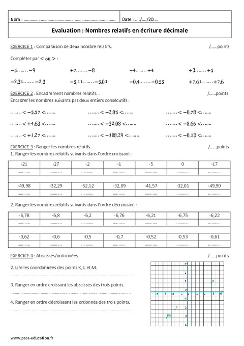 Ecriture décimale  Nombres relatifs  5ème  Evaluation  Pass Education