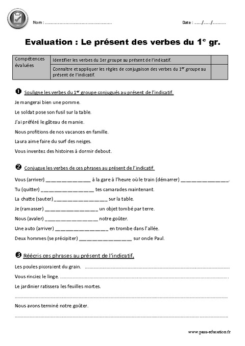 Présent Des Verbes Du 1er Groupe Ce2 Evaluation Bilan Pass Education