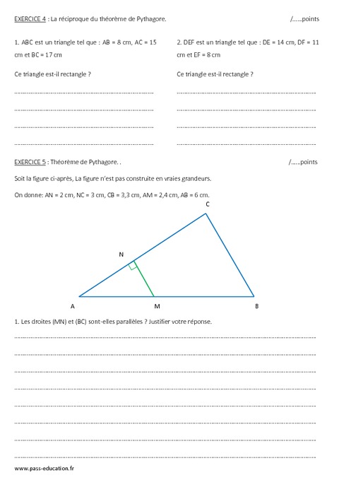 Triangle rectangle - 4ème - Evaluation - Théorème de Pythagore - Cercle circonscrit - Pass Education