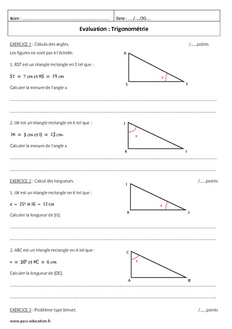 Trigonométrie - 3ème - Evaluation à Imprimer - Pass Education