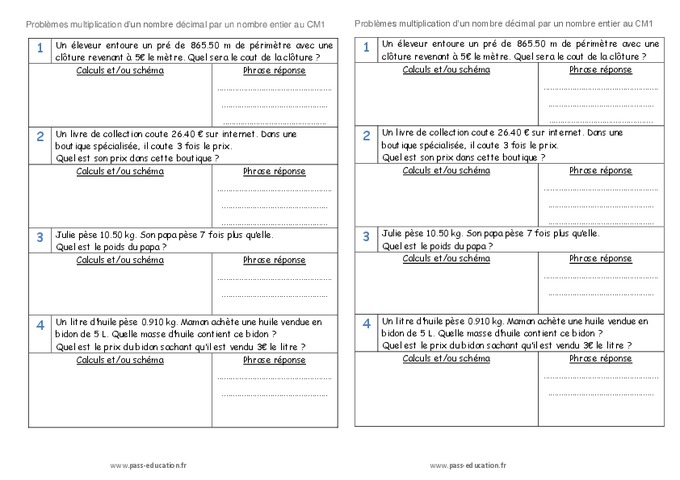 Problème Multiplication Cm1 à Imprimer www.pass-education.fr
