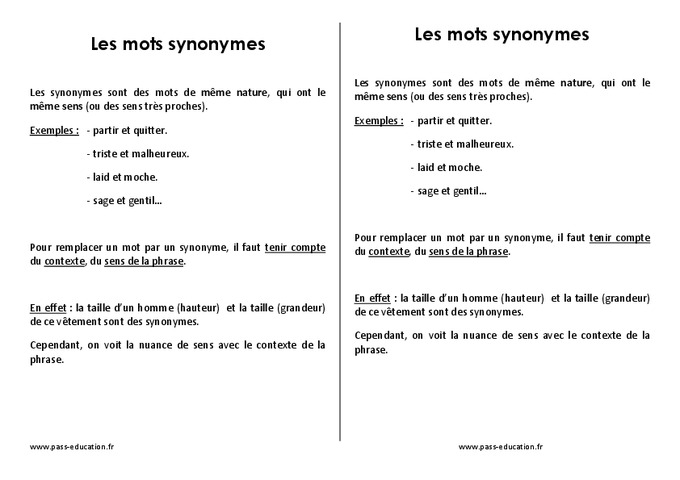 Synonymes - Leçon - Cm2 - Pass Education
