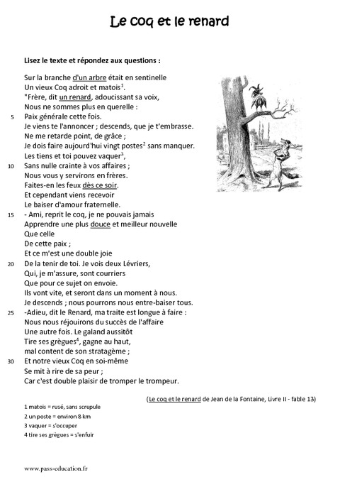 Le Coq Et Le Renard 6 me Lecture Fable R cit Pass Education