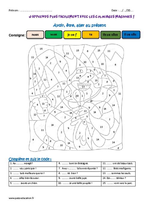 Avoir, être, aller au présent  Ce1  Coloriage magique  Pass Education