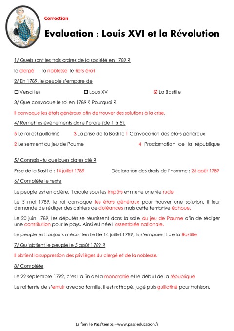 Louis XVI Et La R volution Cm1 Evaluation Pass Education