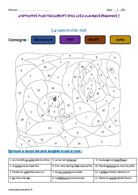 Nature d’un mot  Ce1  Coloriage magique  Pass Education