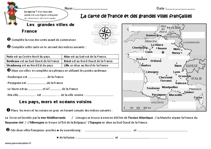 Grandes villes françaises - Carte de France - Ce2 - Exercices - Pass
