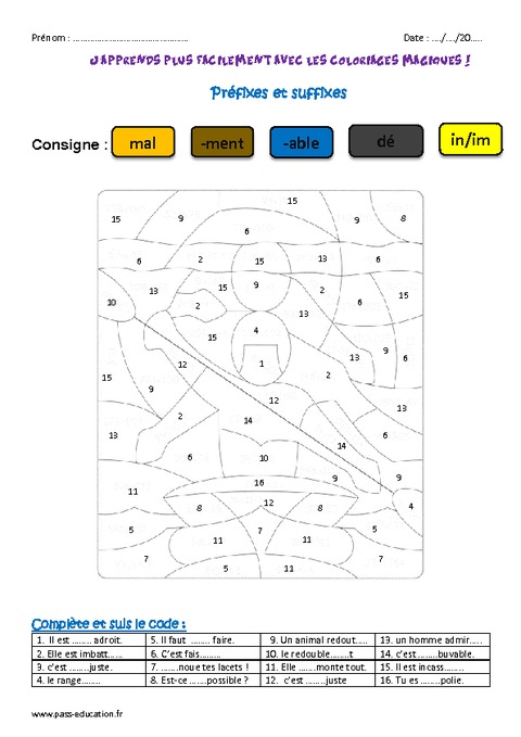 Préfixes et suffixes Ce2 Coloriage magique Pass Education