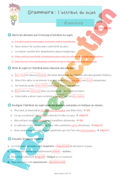 Lattribut Du Sujet Exercices De Grammaire Pour Le Cm