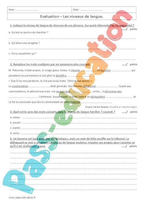 Evaluation Niveau De Langue 6ème Cycle 3 Bilan Et Controle Corrigé Pass Education 4190