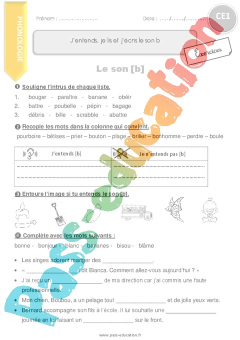 Exercice [b] B – Son Simple : CE1 - Cycle 2 - Pass Education