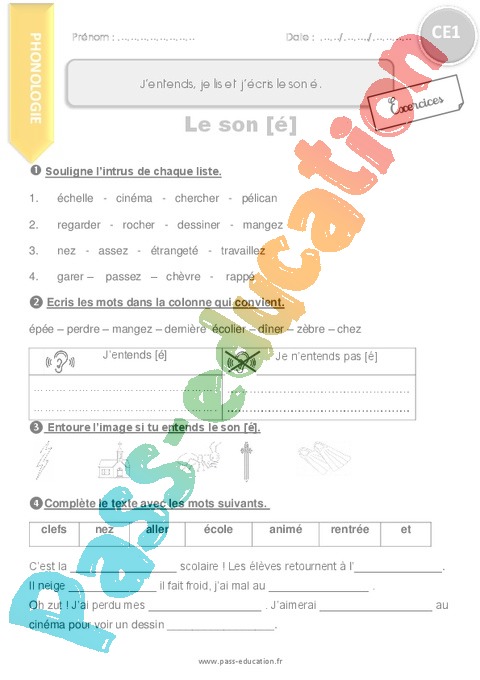 Exercice é é er et ez Son simple CE1 Cycle 2 Pass Education