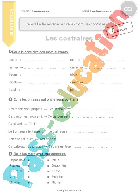 Exercice Mots De Sens Contraire : CE1 - Cycle 2 - Pass Education