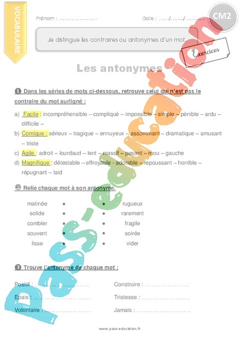 Exercice Mots De Sens Contraire Cm Cycle Pass Education