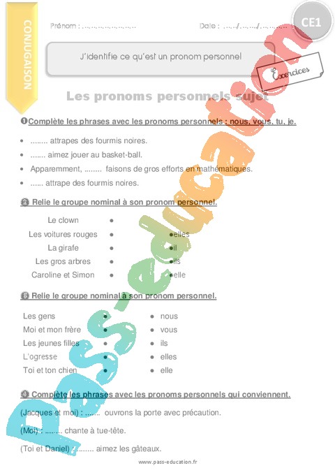 Exercice Pronom : CE1 - Cycle 2 - Pass Education