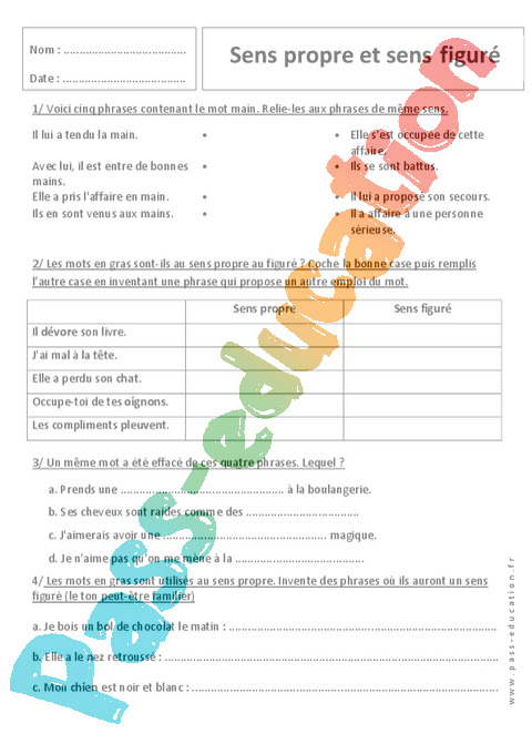 Exercice Sens propre et figuré 6ème Cycle 3 Pass Education