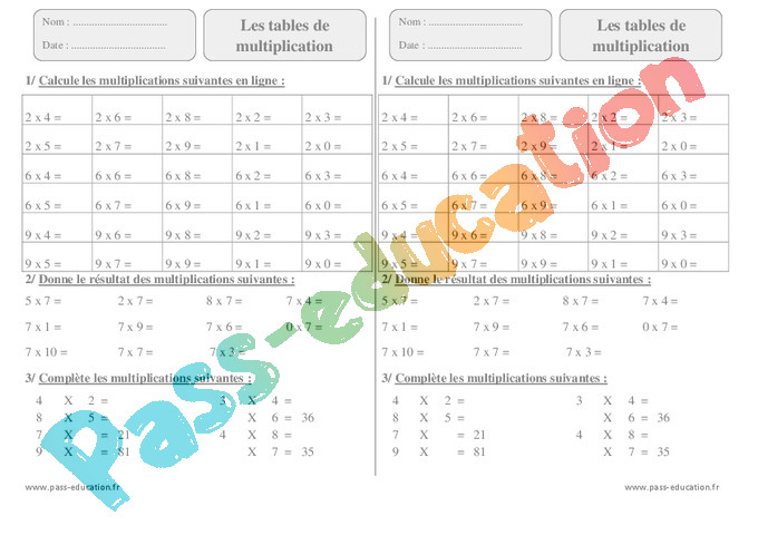 Exercice Tables de multiplication : CE2 - Cycle 2 - Pass ...