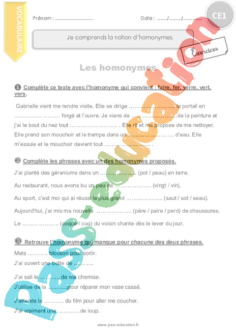 Exercice Vocabulaire Homonymes Homophones Ce Cycle Pass Education My